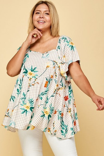 Plus Size Floral Check Printed Rayon Challis Square Neck Fashion Top – Stylish & Comfortable – men’s fashion, stylish and versatile