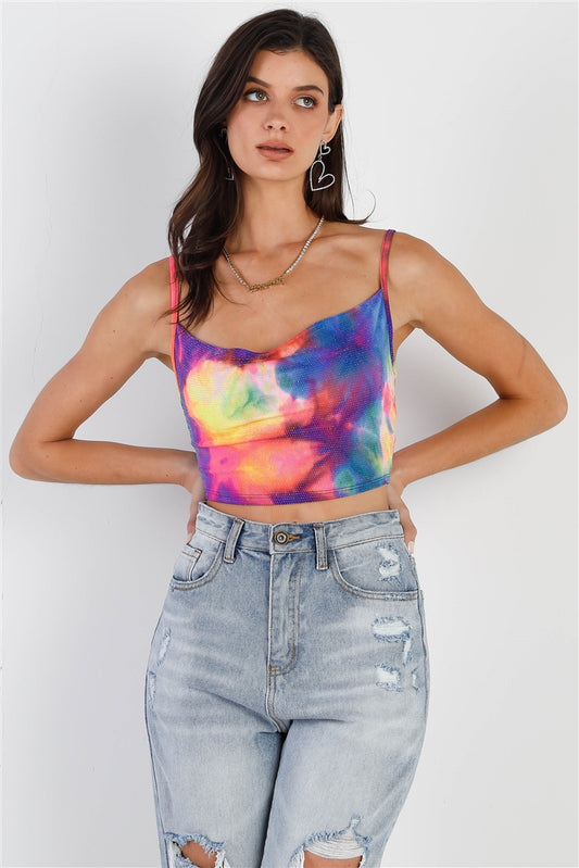 Sale - Multi Color Neon Tie-dye Lurex Cowl Neck Sleeveless Crop Top – On Sale Now