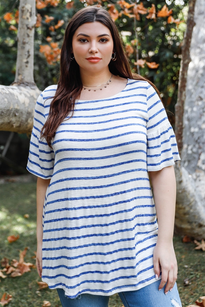 Plus Size Plus Stripe Bell Short Sleeve Top – Stylish & Comfortable – men’s fashion, stylish and versatile