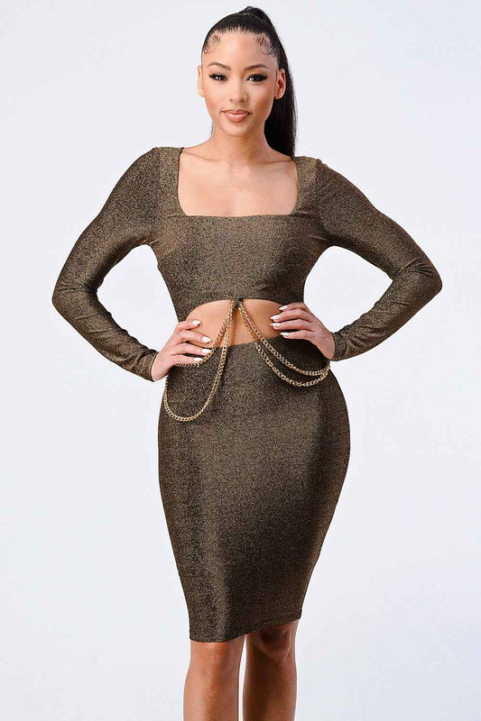 Sale - Luxe Waist Gold Chain Cut-out Detail Square Neck Glitter Bodycon Dress – On Sale Now