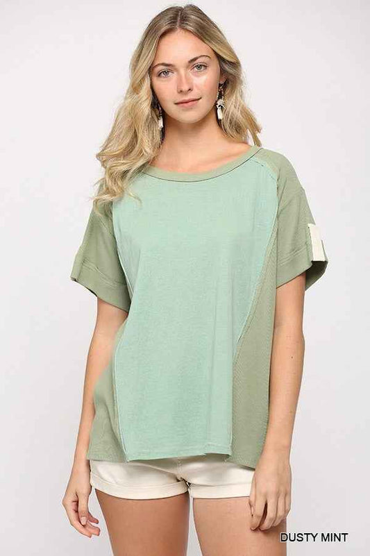Sale - Ribbed And Solid Mixed Raw Edge Top – On Sale Now