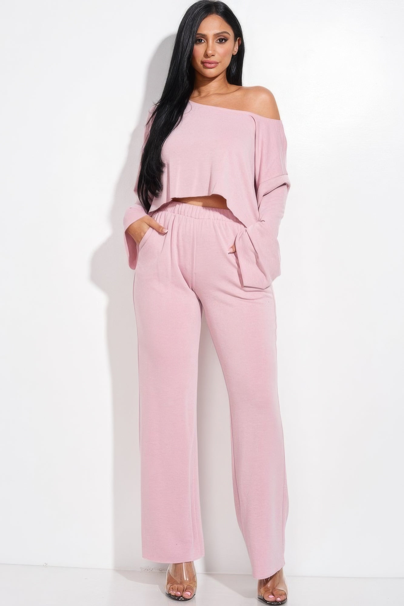 Solid French Terry Long Slouchy Long Sleeve Top And Pants With Pockets Two Piece Set-Product Type | Naughty Smile Fashion