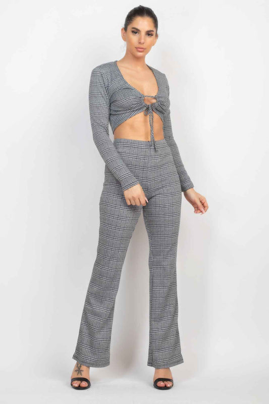 Sale - Plaid Cut-out Long Sleeve Top & Pants Set – On Sale Now