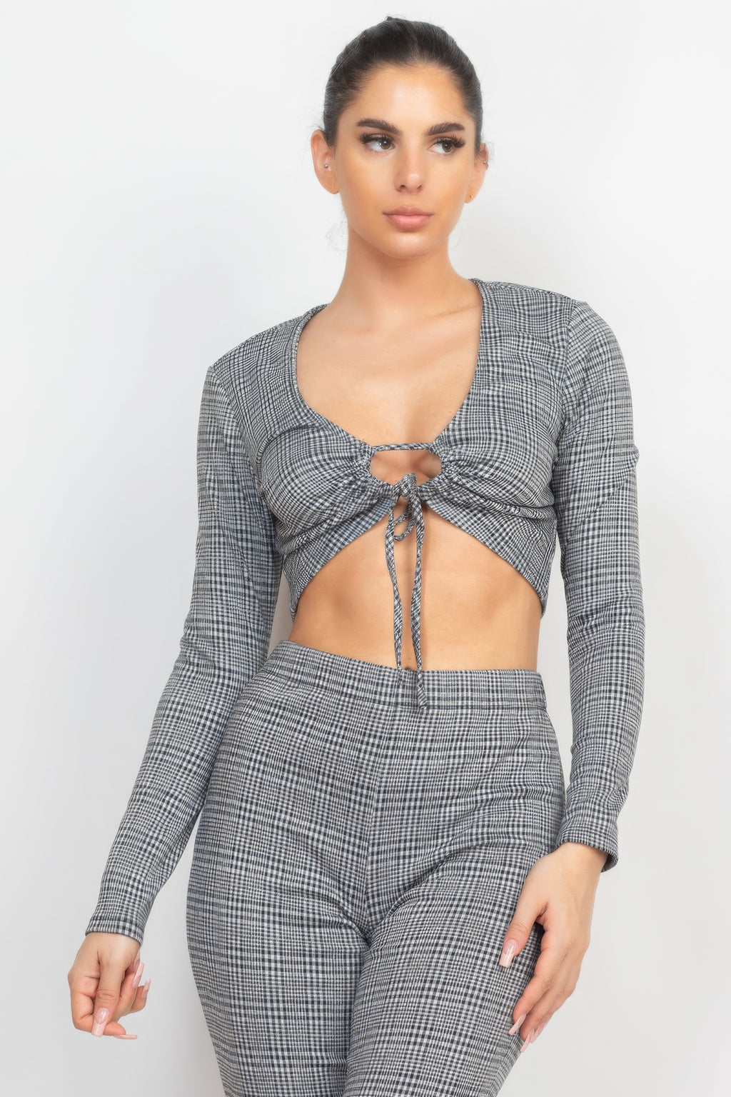 Plaid Cut-out Long Sleeve Top & Pants Set-Product Type | Naughty Smile Fashion