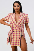 Wide Collared Double Breasted Plaid Blazer Mini Dress-Product Type | Naughty Smile Fashion