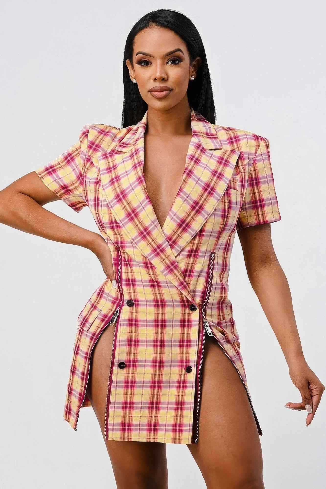 Sale - Wide Collared Double Breasted Plaid Blazer Mini Dress – On Sale Now