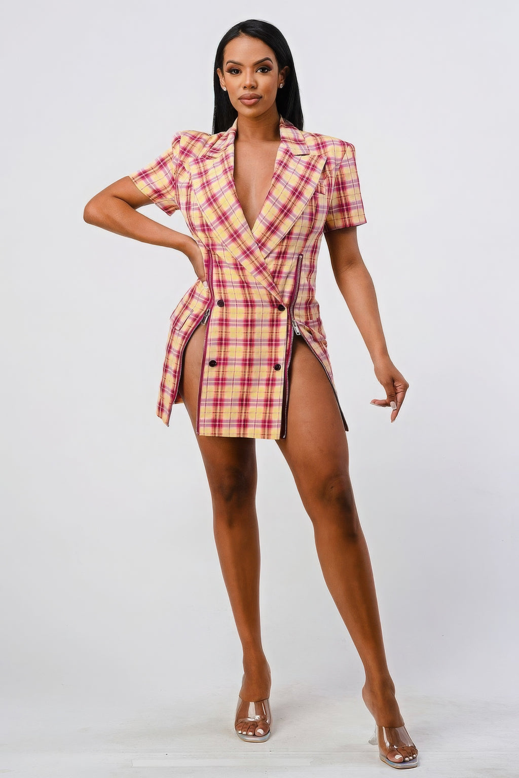 Wide Collared Double Breasted Plaid Blazer Mini Dress-Product Type | Naughty Smile Fashion
