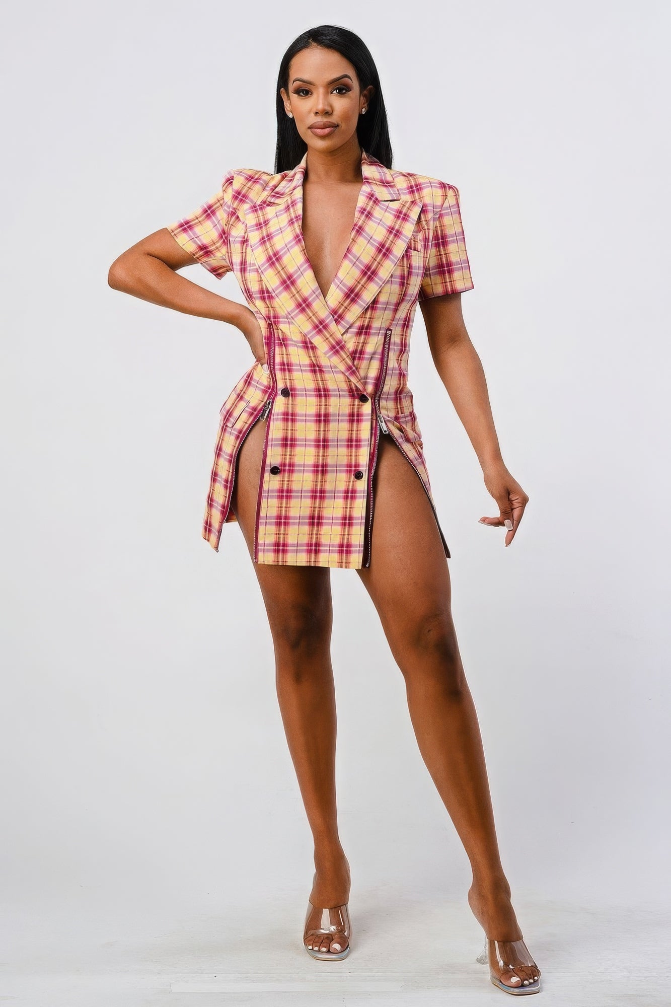 Wide Collared Double Breasted Plaid Blazer Mini Dress-Product Type | Naughty Smile Fashion