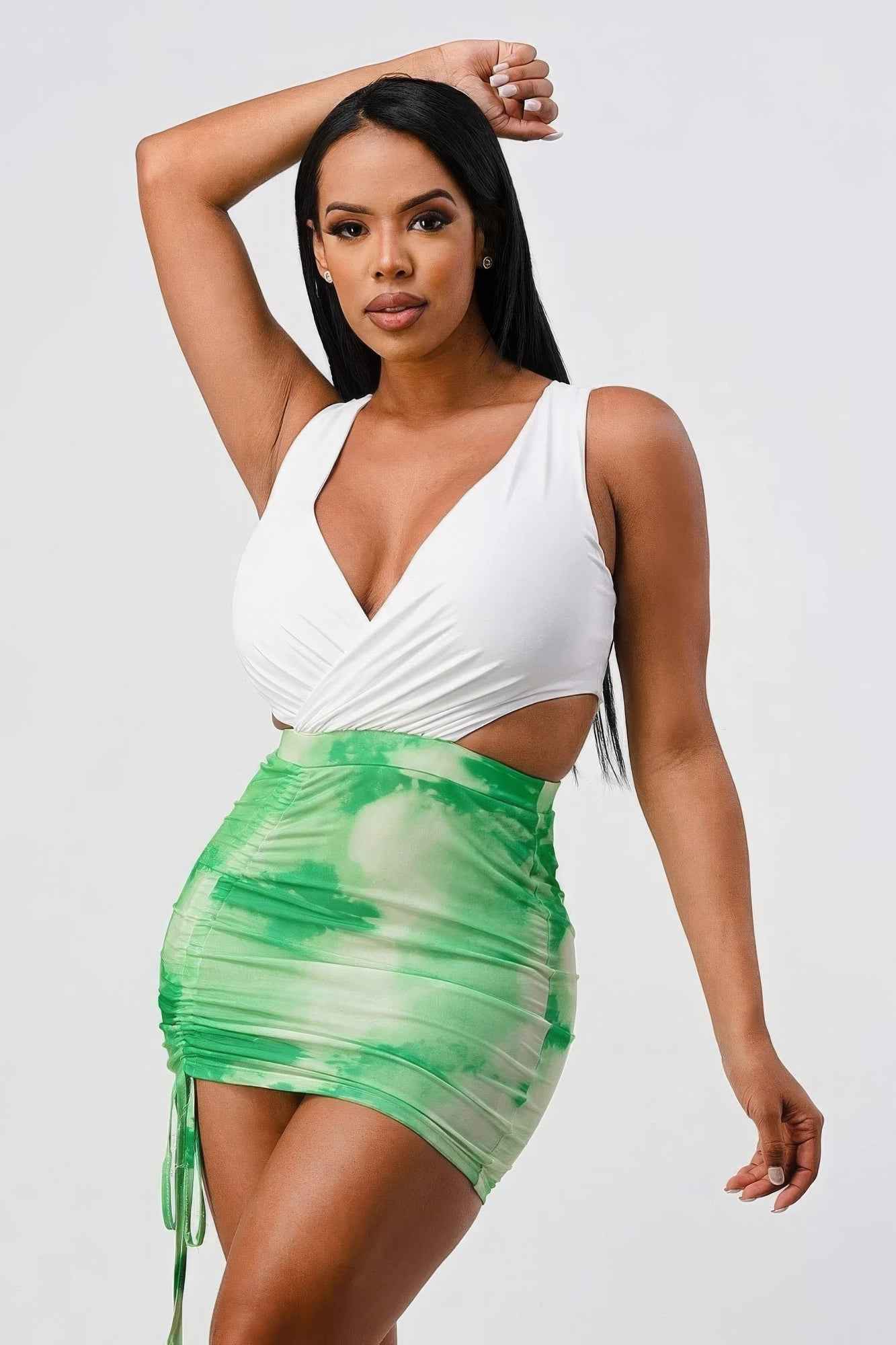 Sale - White Sleeveless Top With Detachable Rhinestone Cross Open Back With Bodycon Tie Dye Ruched Mini Dress – On Sale Now