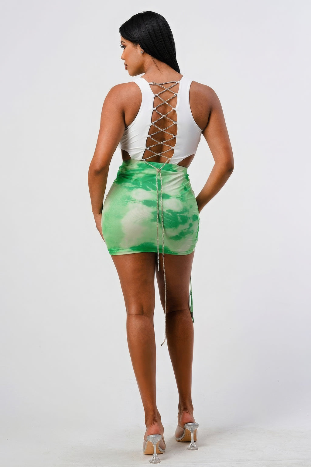 White Sleeveless Top With Detachable Rhinestone Cross Open Back With Bodycon Tie Dye Ruched Mini Dress-Product Type | Naughty Smile Fashion