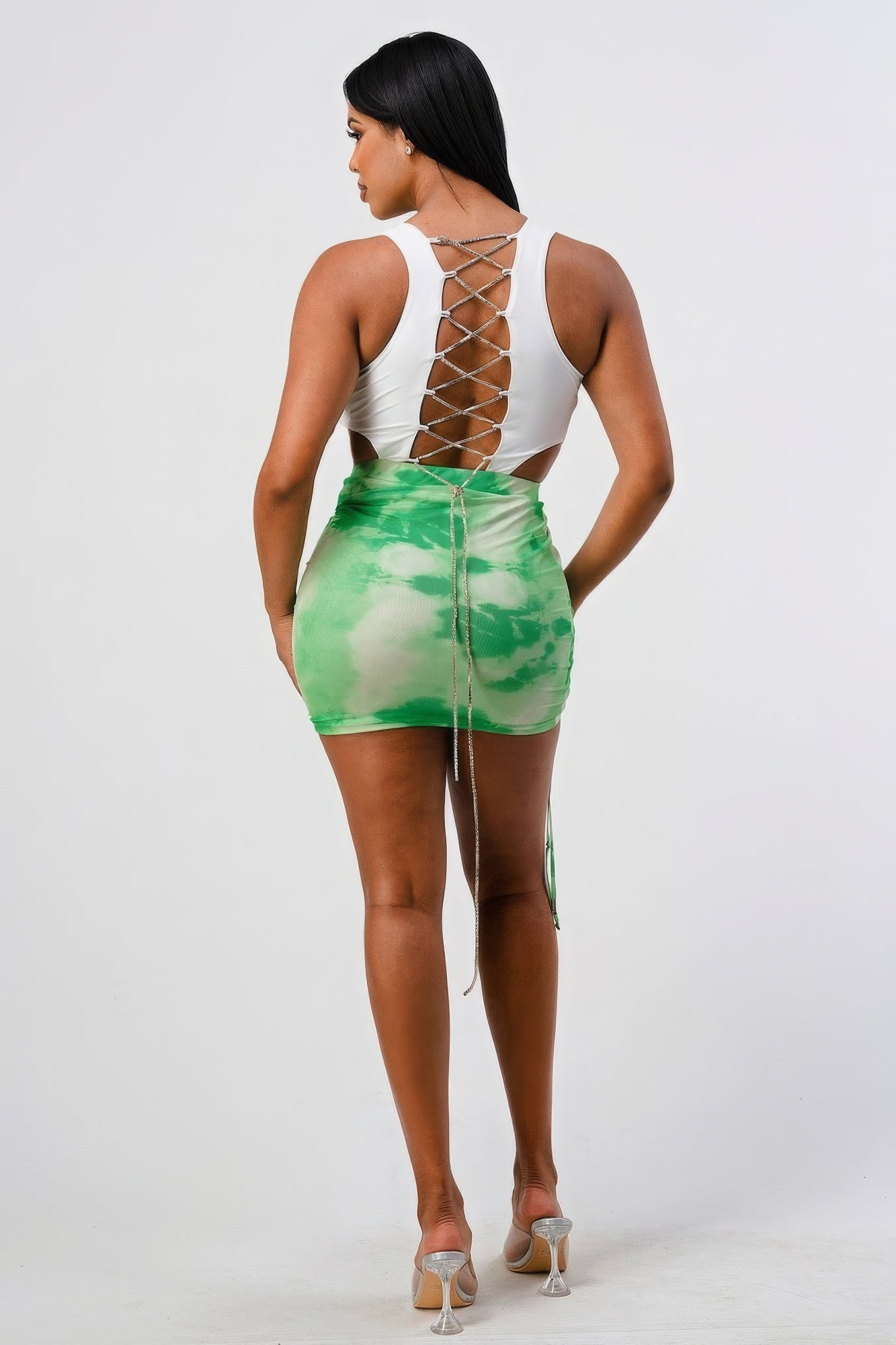 White Sleeveless Top With Detachable Rhinestone Cross Open Back With Bodycon Tie Dye Ruched Mini Dress-Product Type | Naughty Smile Fashion