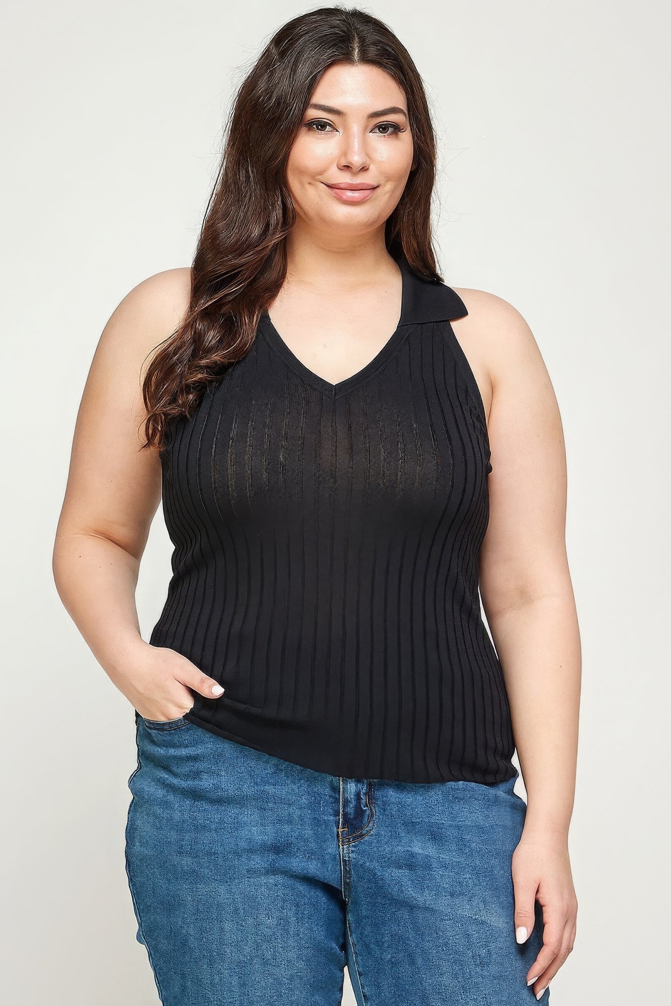 Plus Size, Solid Ribbed Knit Polo Sleeveless Top – Stylish & Comfortable – men’s fashion, stylish and versatile