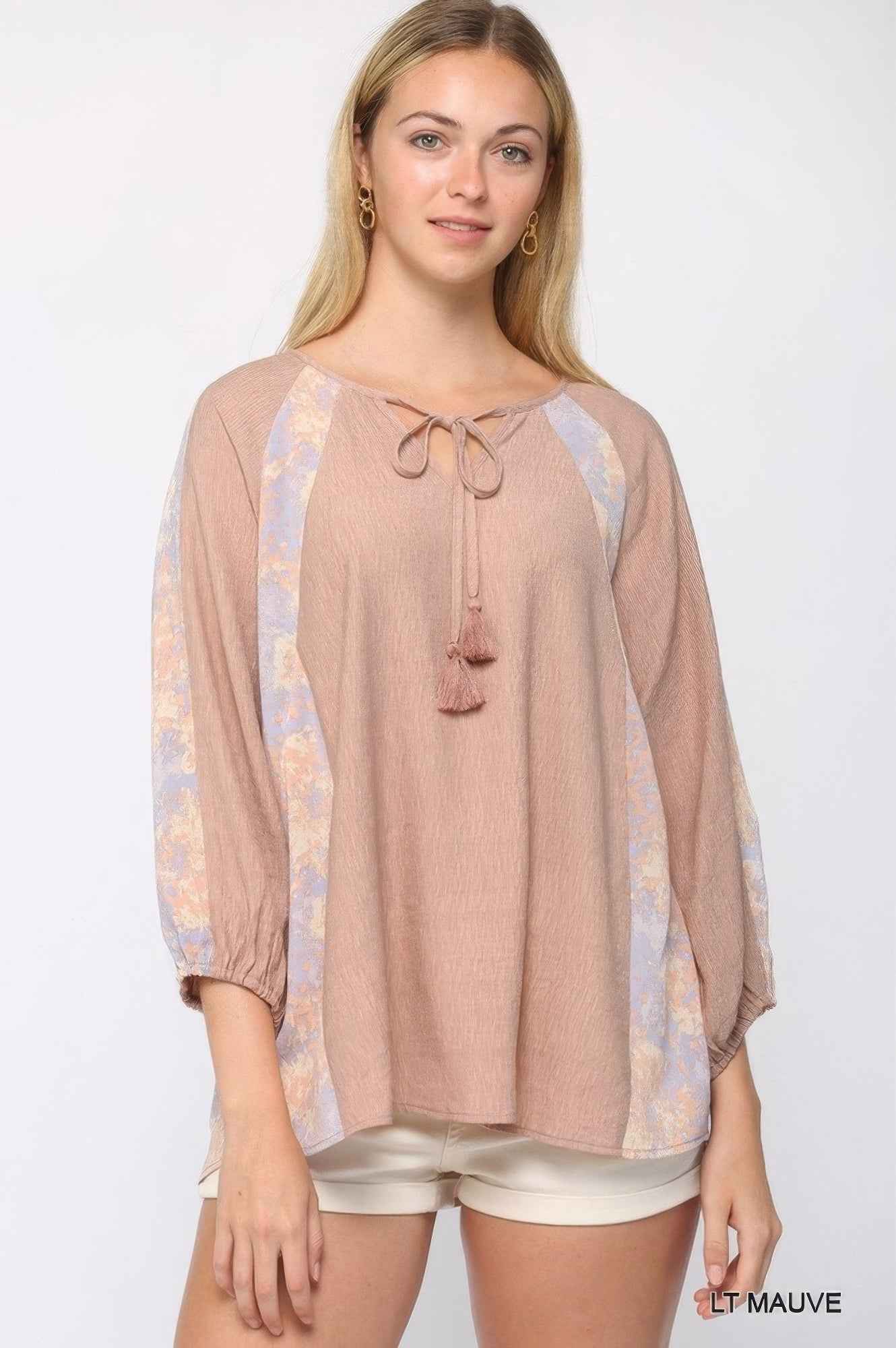 Sale - Solid Crinkle And Print Mix Raglan Sleeve Top With Tassel Tie – On Sale Now