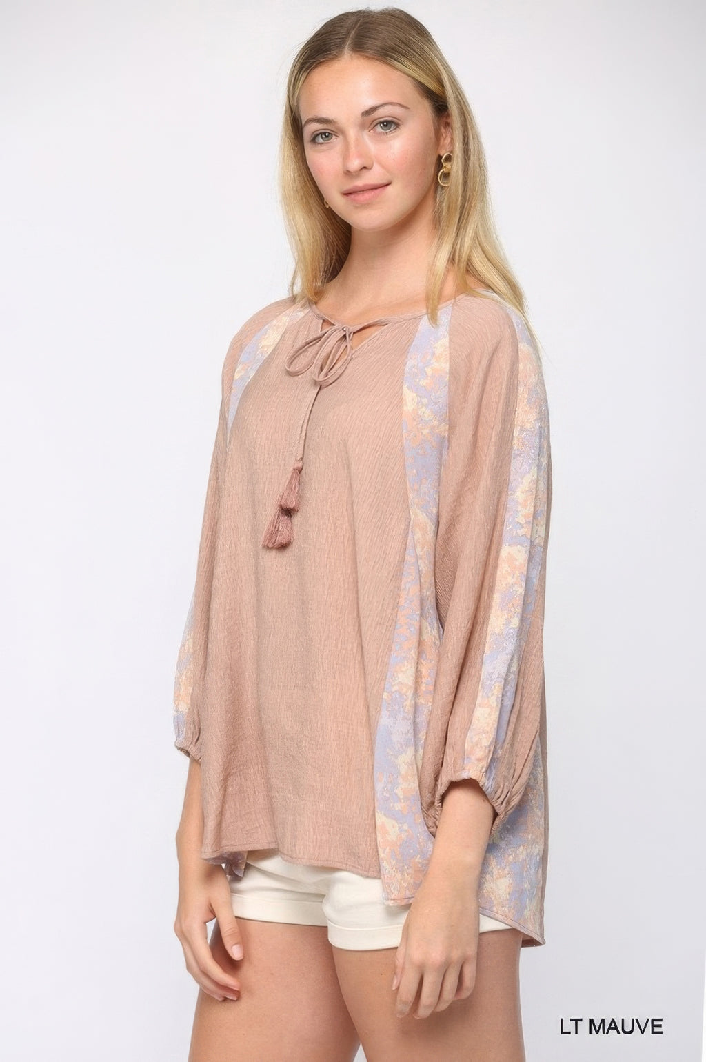Solid Crinkle And Print Mix Raglan Sleeve Top With Tassel Tie-Product Type | Naughty Smile Fashion