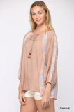 Solid Crinkle And Print Mix Raglan Sleeve Top With Tassel Tie