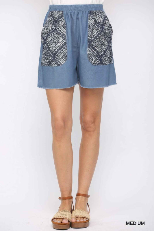 Sale - Denim And Print Pockets Elastic Waist Shorts With Raw Hem – On Sale Now