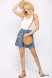 Denim And Print Pockets Elastic Waist Shorts With Raw Hem