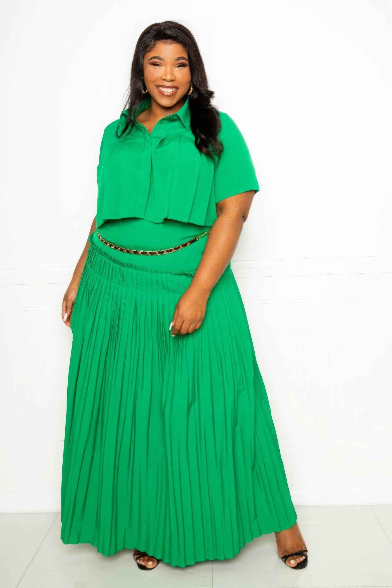 Plus Size Pleated Cropped Shirt And Maxi Skirt Set – Stylish & Comfortable – men’s fashion, stylish and versatile