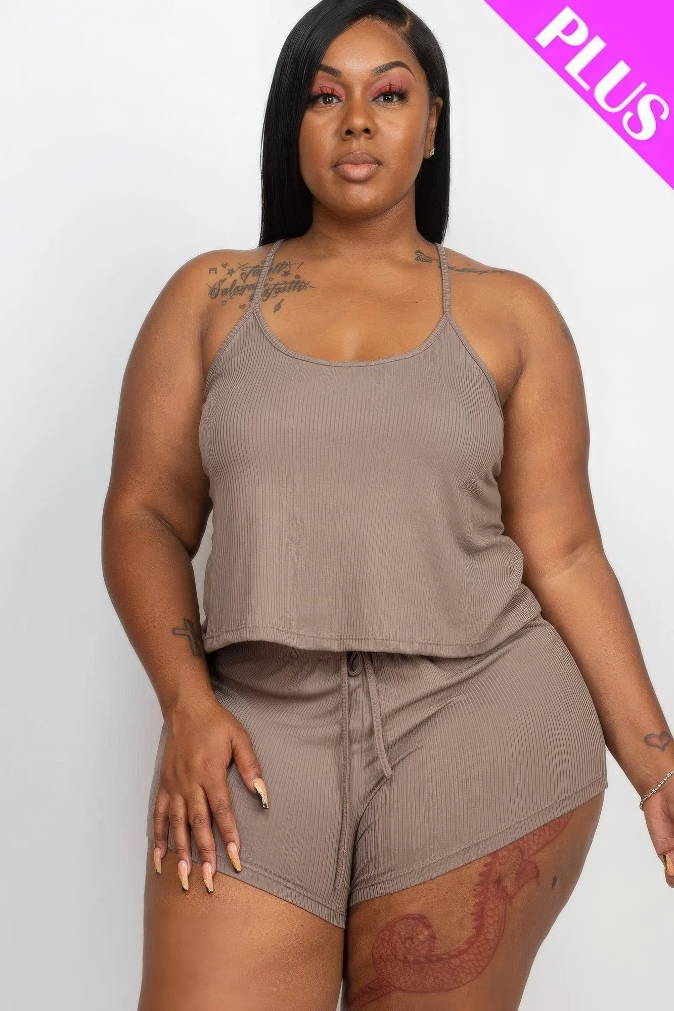 Plus Size Plus Ribbed Strappy Top And Shorts Set – Stylish & Comfortable – men’s fashion, stylish and versatile