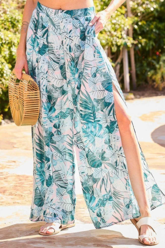 Back Elastic Waist Band Side Pockets Pleat Side Open Slit Tropical Print Pants – multicolor, fashion, women style