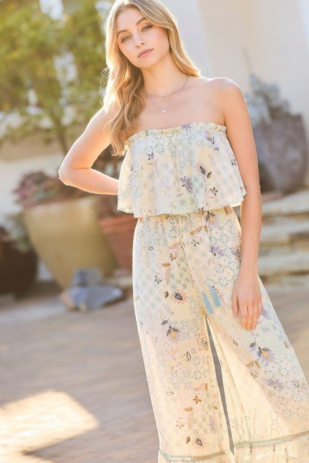Tube Top With Tier Ruffle Waist Elastic Bottom Lace Trim Jumpsuit-Product Type | Naughty Smile Fashion