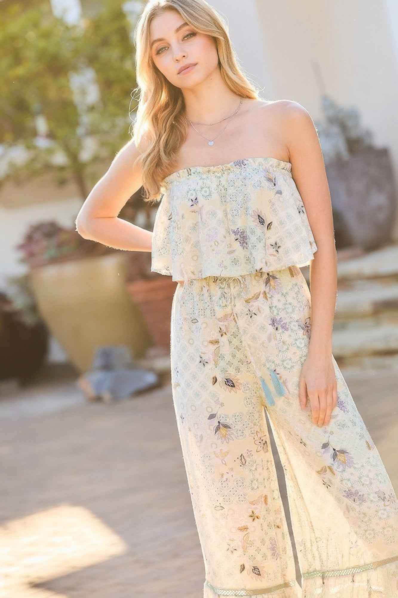 Sale - Tube Top With Tier Ruffle Waist Elastic Bottom Lace Trim Jumpsuit – On Sale Now