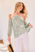 Strap Halter Neck Balloon Sleeve Floral Print Top-Product Type | Naughty Smile Fashion