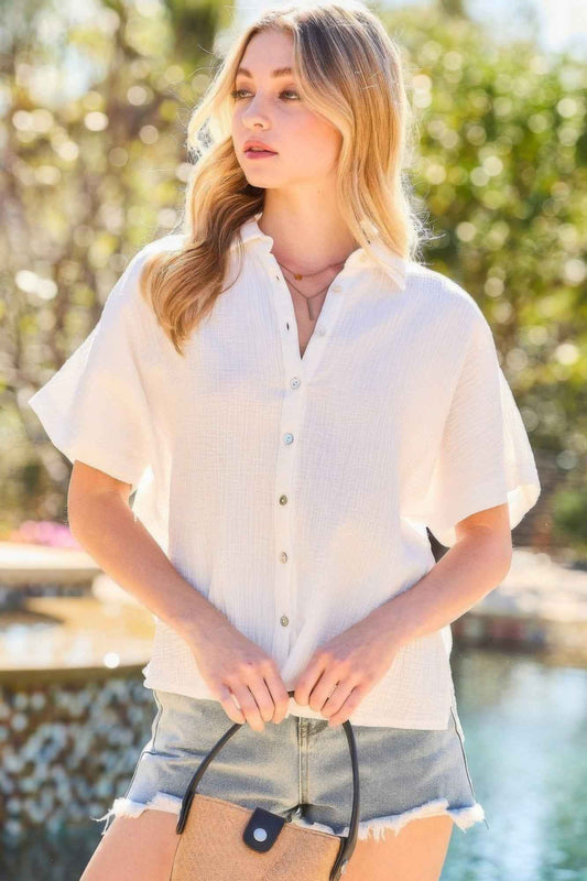 Sale - Collar Neck Button Down Sides Slit Oversized Solid Shirt Top – On Sale Now