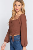 Long Sleeve Front Tied Ruched Detail Woven Top