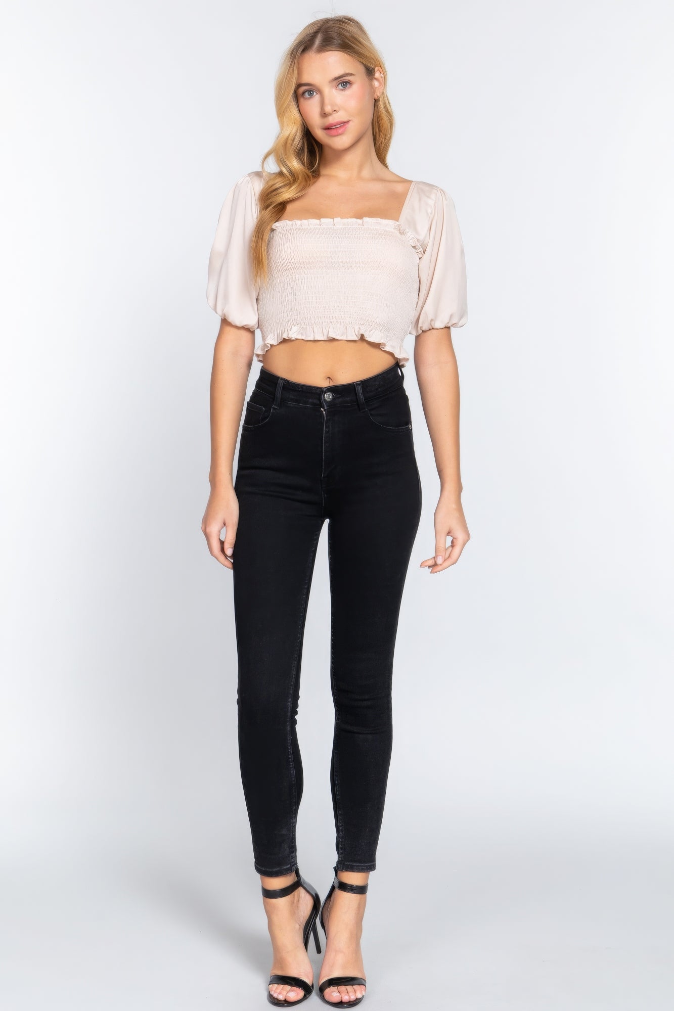 Elbow Sleeve Straight Neck Smocking W/ruffle Detail Woven Top-Product Type | Naughty Smile Fashion