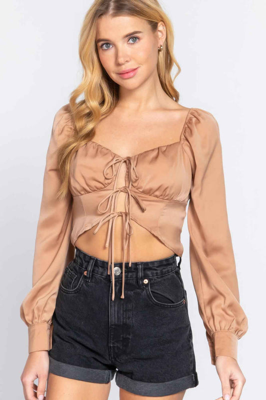 Sale - Long Sleeve Sweetheart Neck Front Ribbon Tie Detail Woven Top – On Sale Now
