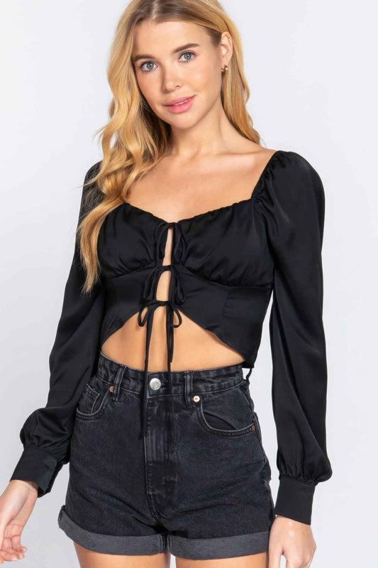 Sale - Long Sleeve Sweetheart Neck Front Ribbon Tie Detail Woven Top – On Sale Now