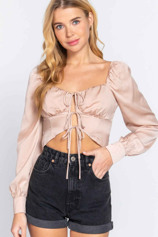 Sale - Long Sleeve Sweetheart Neck Front Ribbon Tie Detail Woven Top – On Sale Now