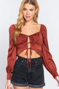 Long Sleeve Sweetheart Neck Front Ribbon Tie Detail Woven Top-Product Type | Naughty Smile Fashion
