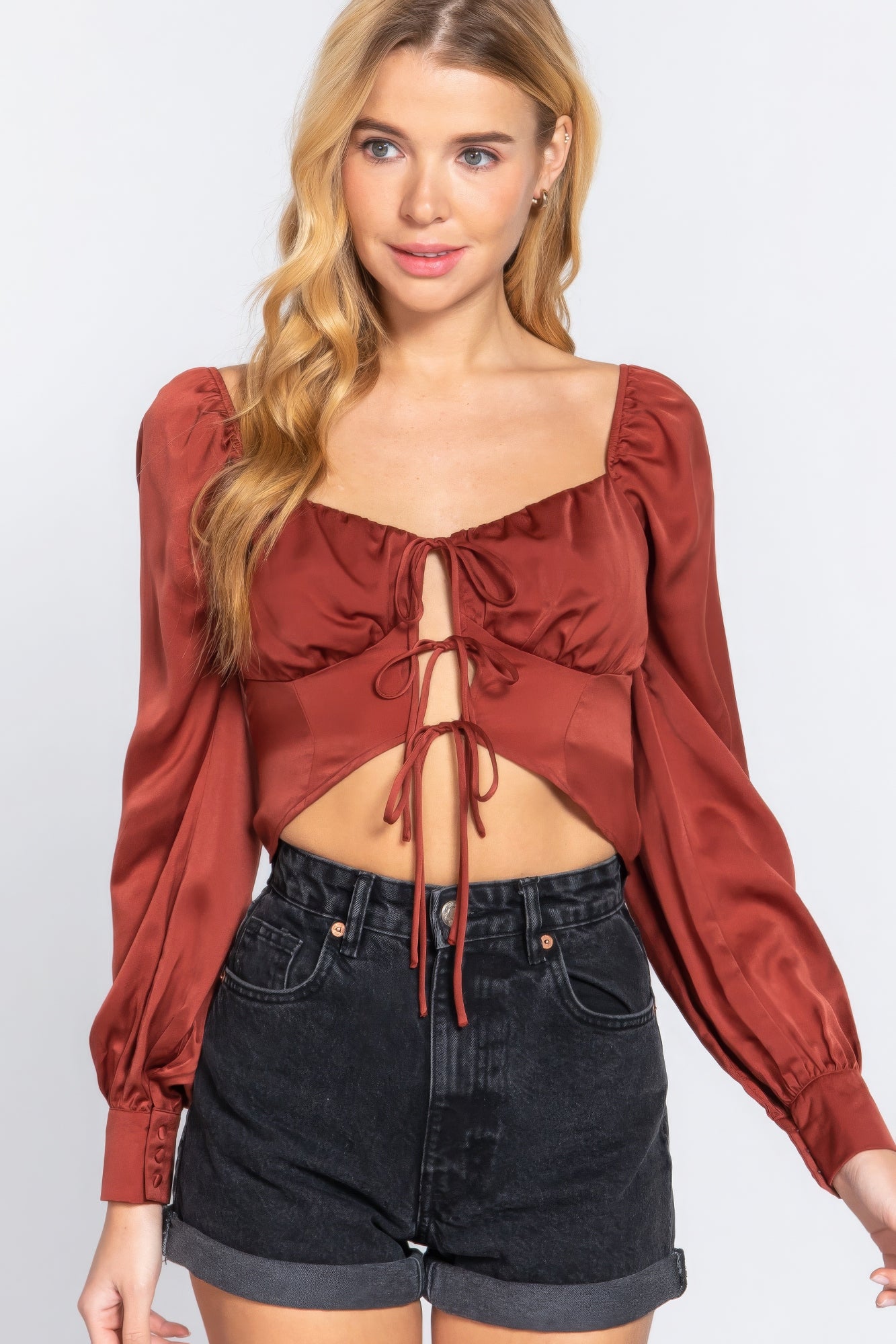 Long Sleeve Sweetheart Neck Front Ribbon Tie Detail Woven Top-Product Type | Naughty Smile Fashion