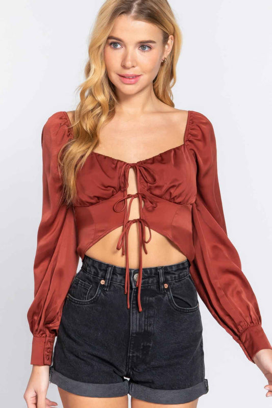 Sale - Long Sleeve Sweetheart Neck Front Ribbon Tie Detail Woven Top – On Sale Now