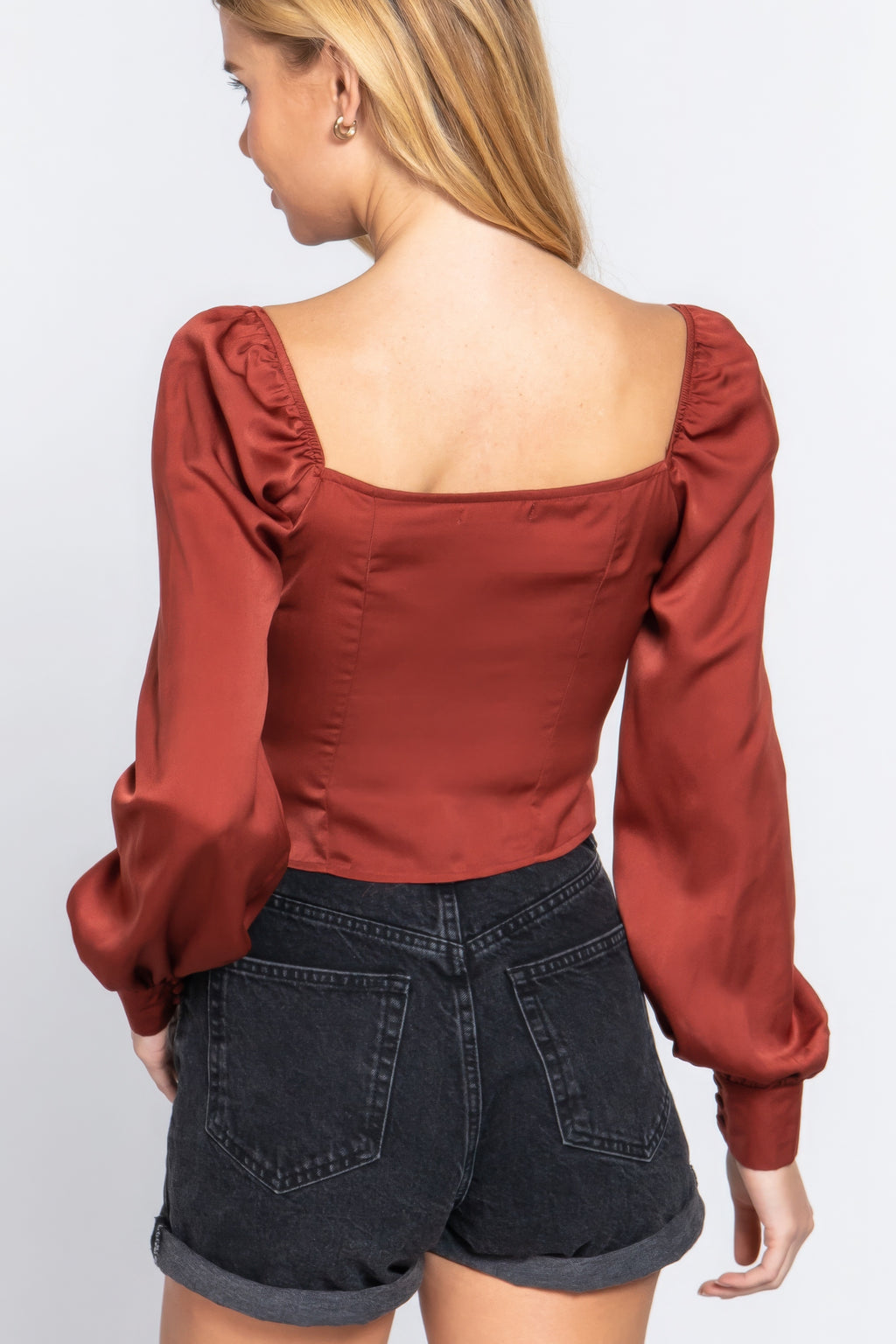 Long Sleeve Sweetheart Neck Front Ribbon Tie Detail Woven Top-Product Type | Naughty Smile Fashion