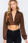 Long Sleeve Notched Collar Front Twisted Detail Crop Woven Top-Product Type | Naughty Smile Fashion