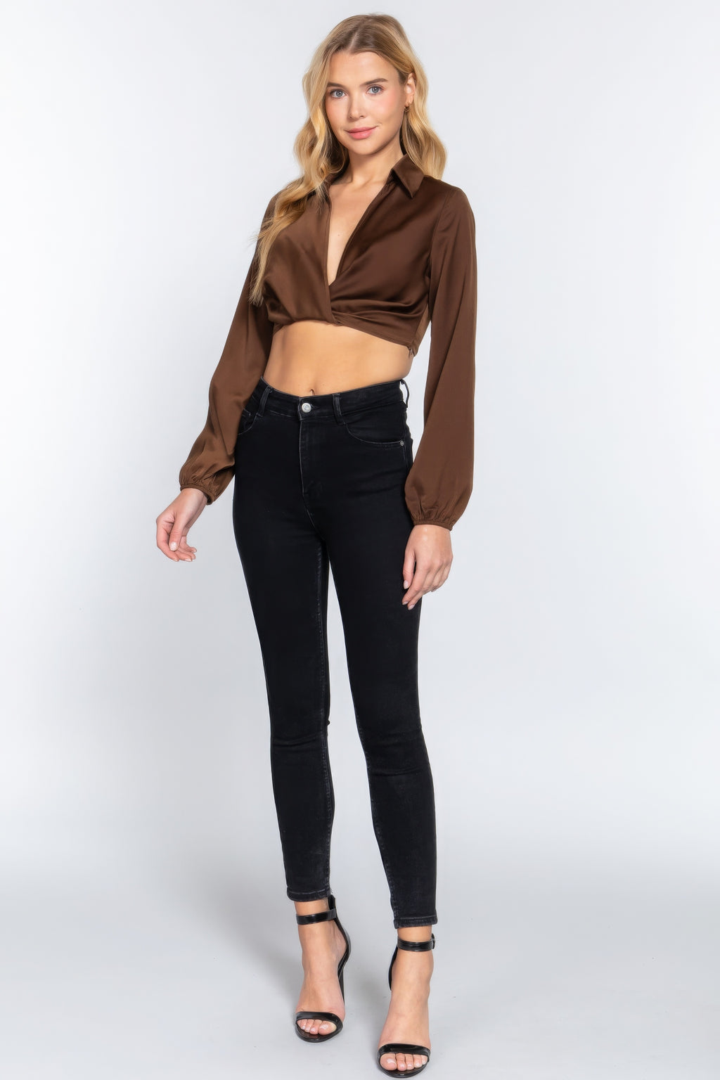 Long Sleeve Notched Collar Front Twisted Detail Crop Woven Top-Product Type | Naughty Smile Fashion
