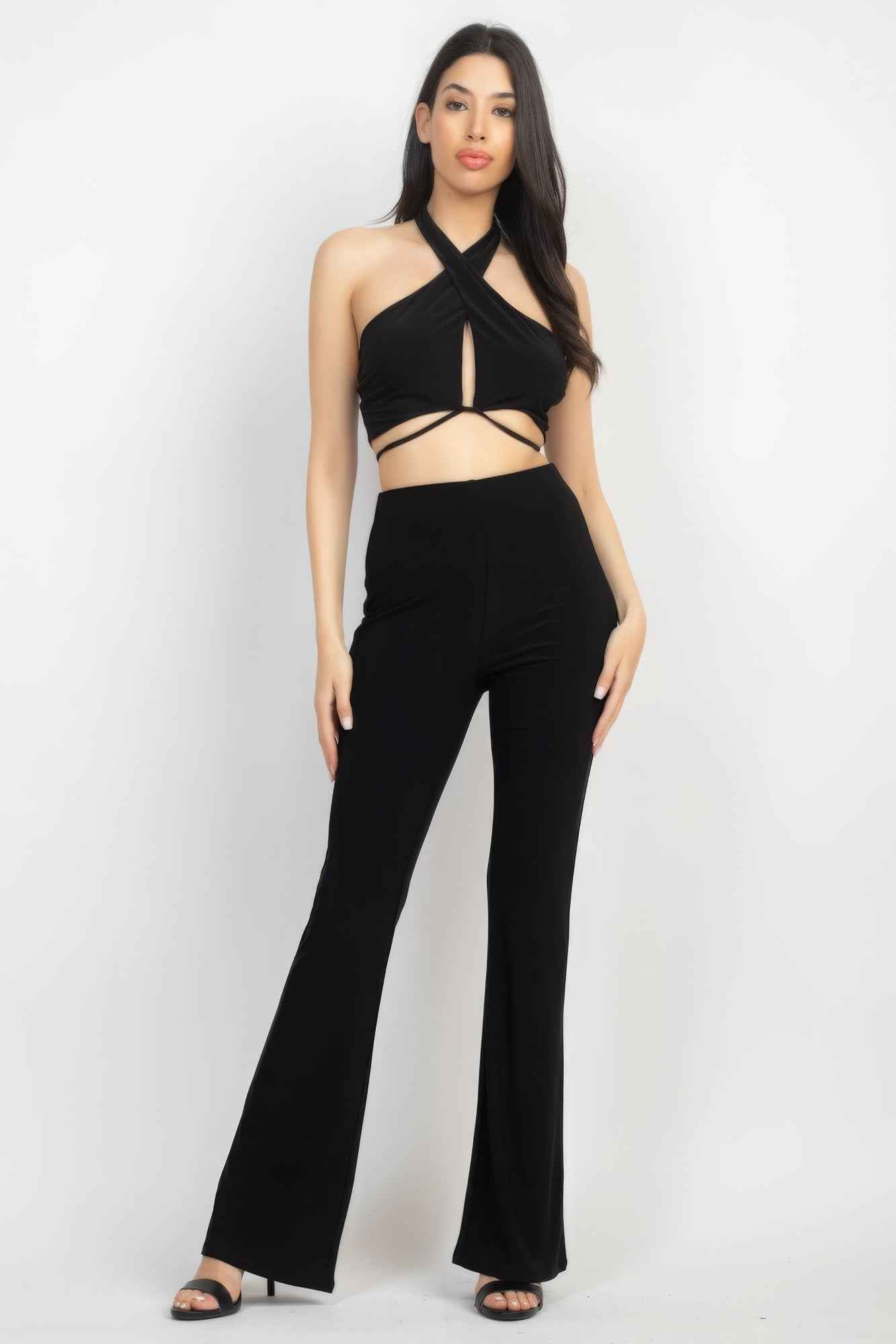 Sale - Solid Halter Top And Elastic Leggings Set – On Sale Now
