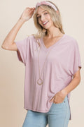Solid V Neck Casual And Basic Top With Short Dolman Sleeves And Side Slit Hem-Product Type | Naughty Smile Fashion