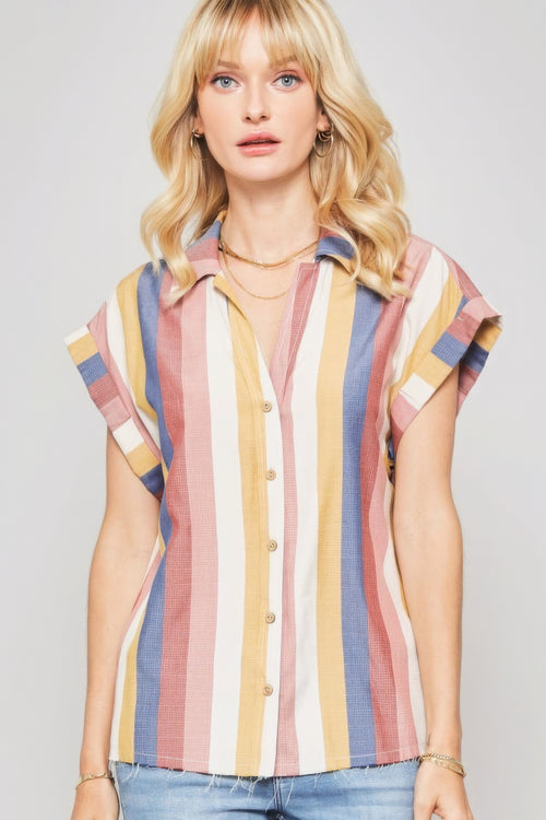 A Woven Shirt In Multicolor Striped With Collared Neckline-Product Type | Naughty Smile Fashion