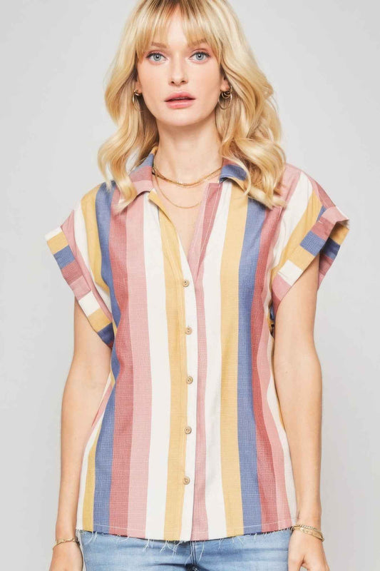 Sale - A Woven Shirt In Multicolor Striped With Collared Neckline – On Sale Now