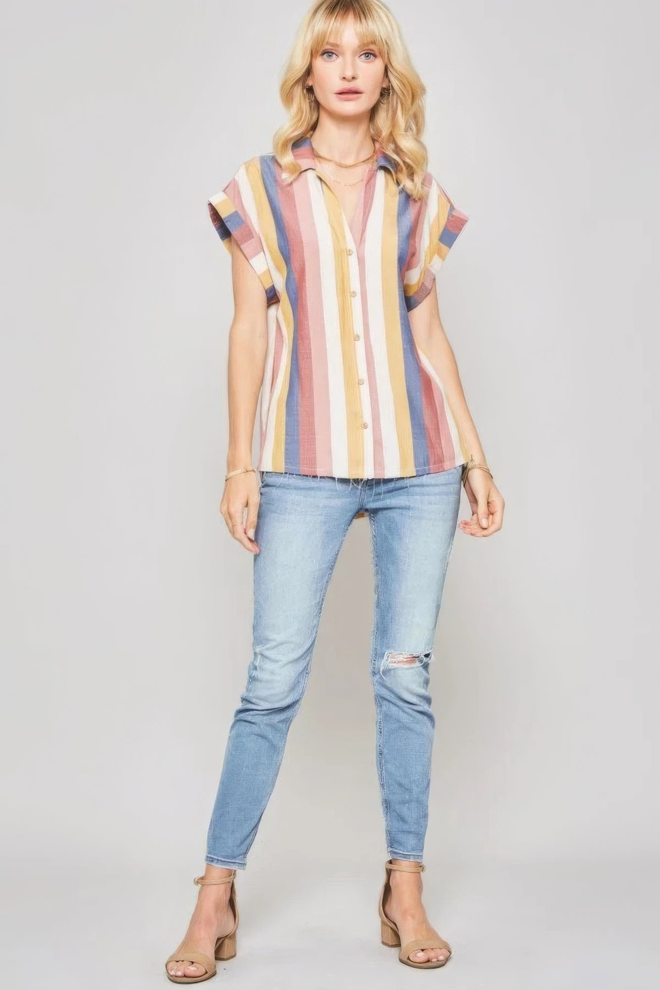A Woven Shirt In Multicolor Striped With Collared Neckline-Product Type | Naughty Smile Fashion