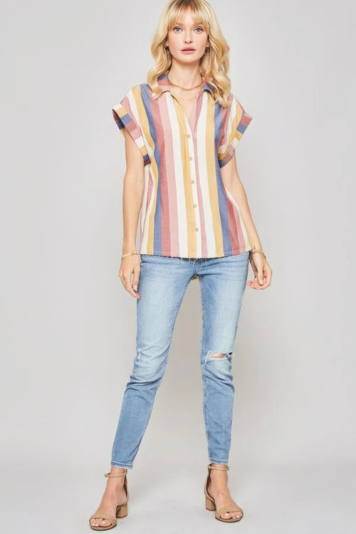 A Woven Shirt In Multicolor Striped With Collared Neckline-Product Type | Naughty Smile Fashion