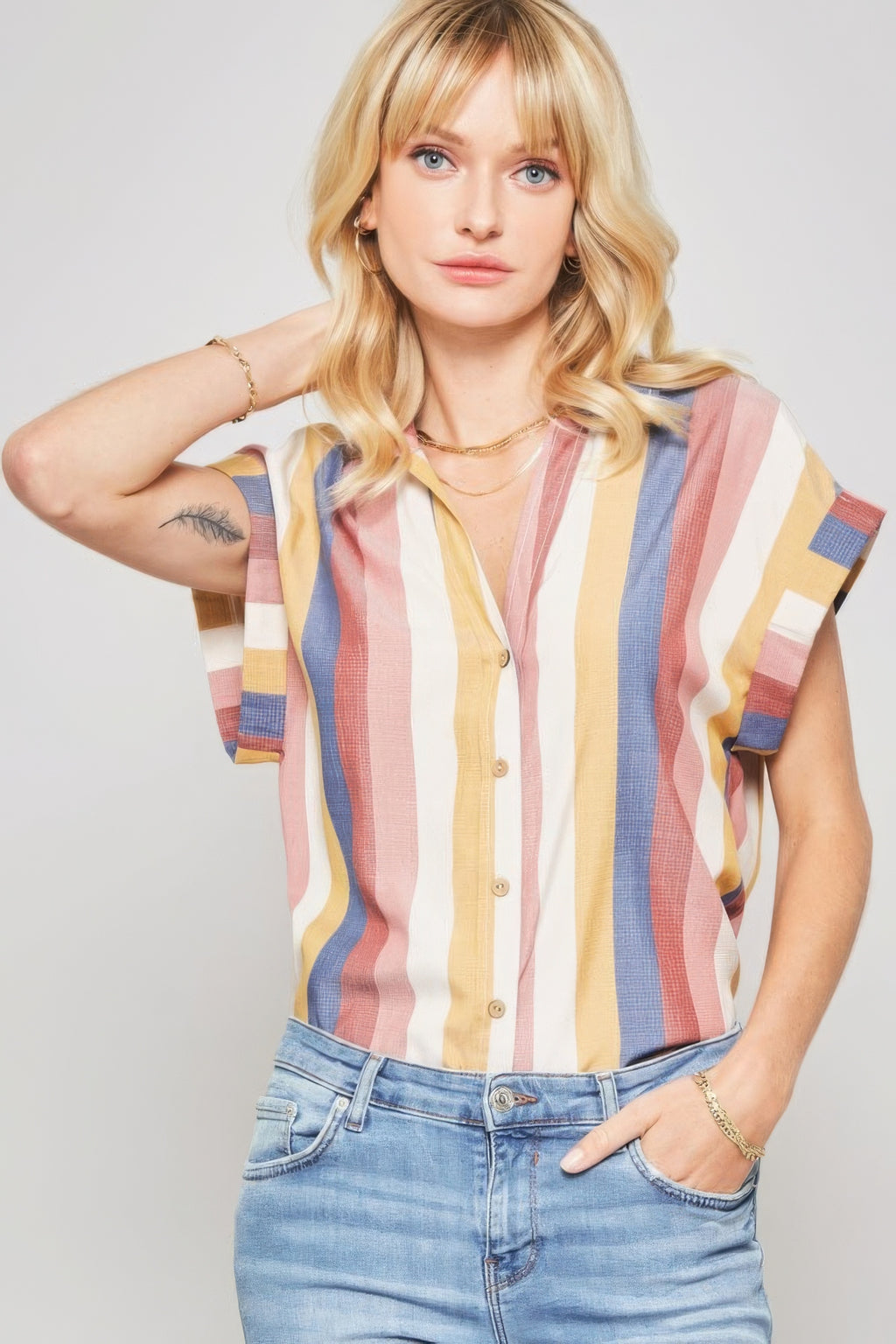 A Woven Shirt In Multicolor Striped With Collared Neckline-Product Type | Naughty Smile Fashion