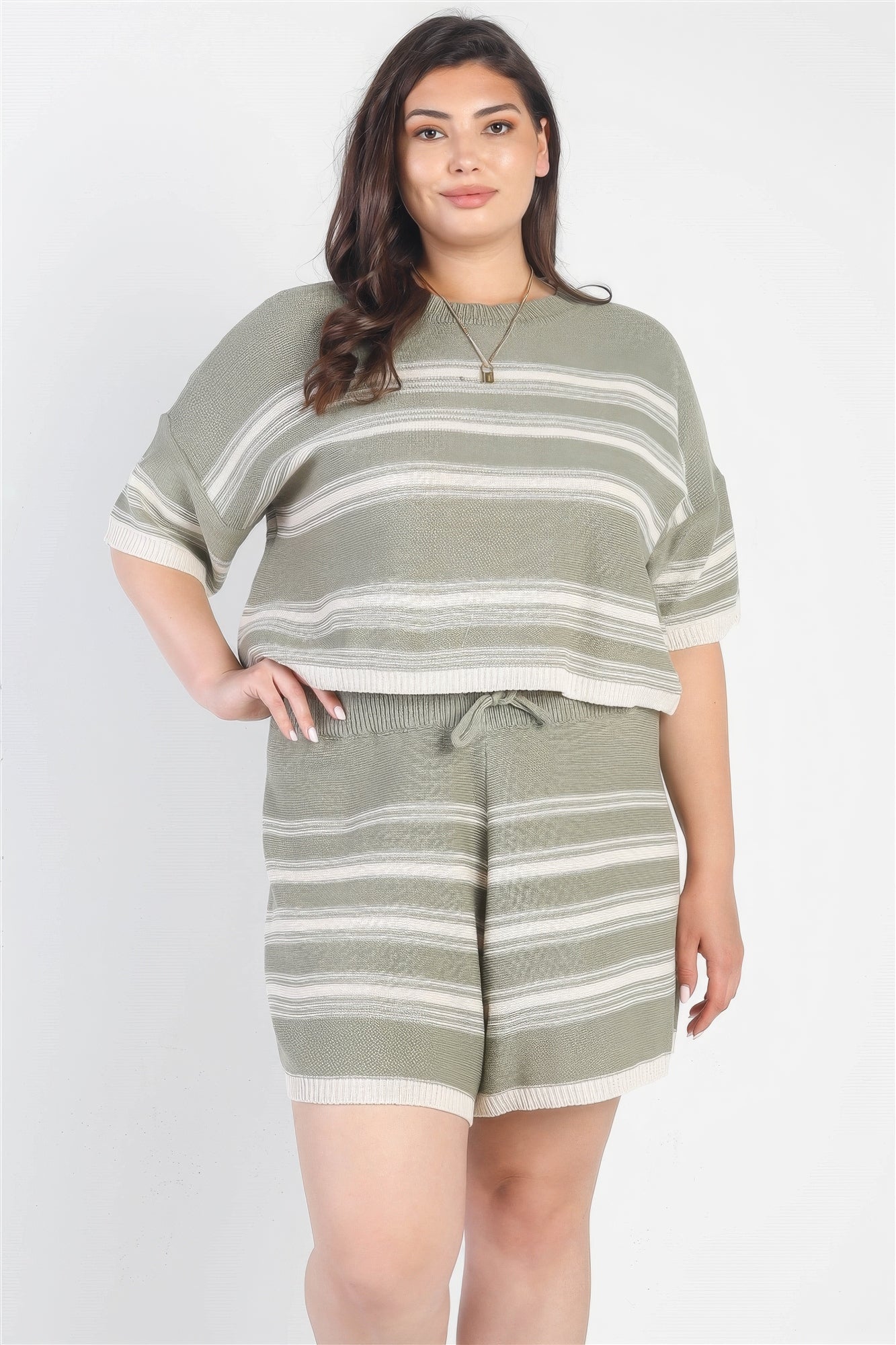 Plus Size Plus Olive Striped Knit Short Sleeve Crop Top High Waist Shorts Set – Stylish & Comfortable – men’s fashion, stylish and versatile