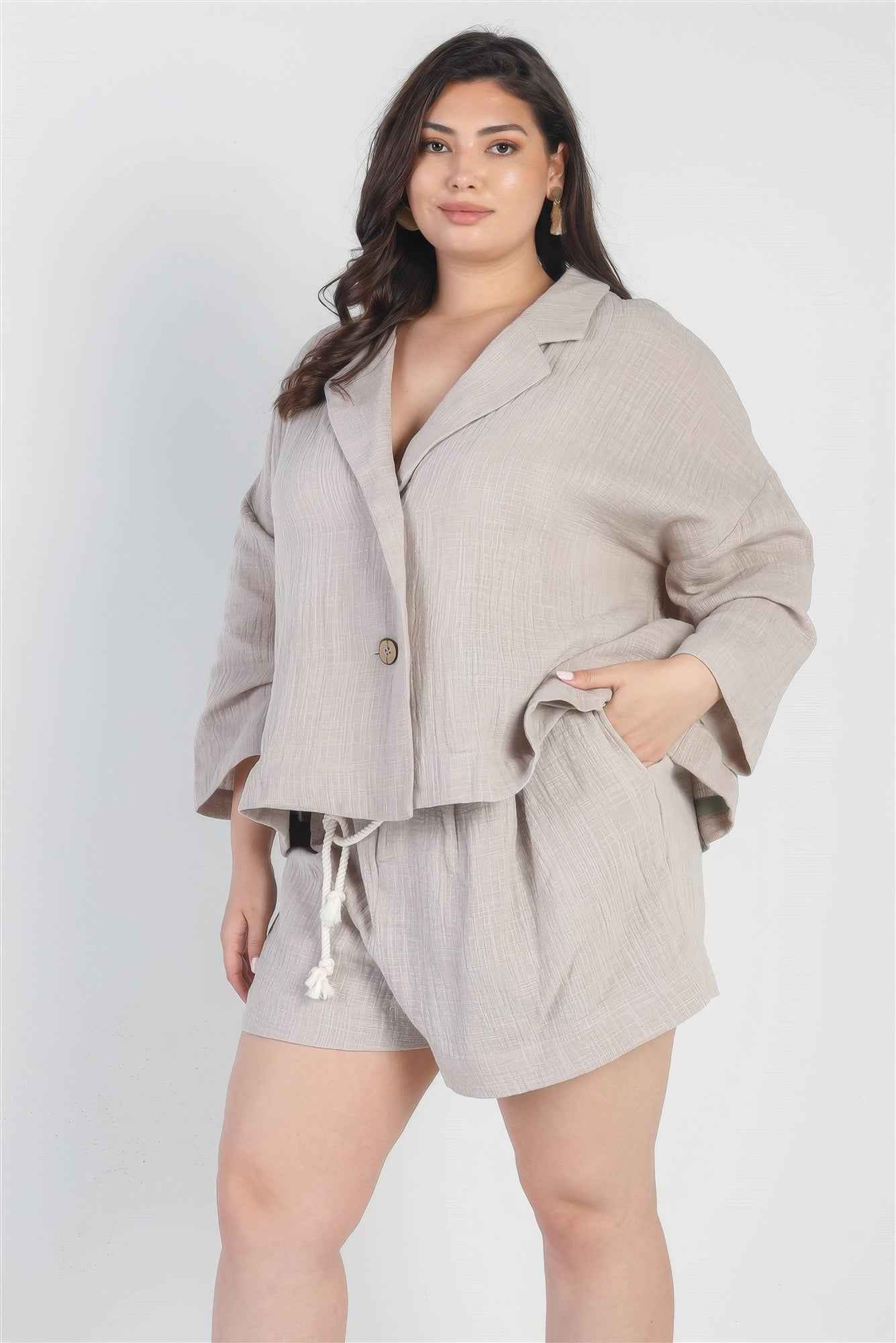 Plus Size Plus Grey Button-up Collared Neck Blazer High Waist Shorts Set – Stylish & Comfortable – men’s fashion, stylish and versatile