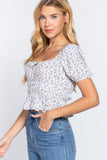 Short Slv Shirring Print Woven Top