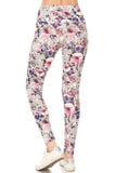 Floral printed yoga leggings with high waist, featuring pink and purple roses on light gray background, showcasing comfortable fit and stylish design for active wear